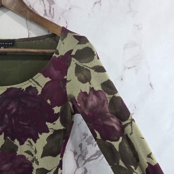 Vintage 90s Y2K Shirt Women Small Green Mesh Lettuce Hem Sheer Floral Rose - Picture 12 of 13